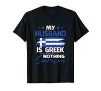 Bandiera Greca con Scritta in Lingua Inglese My Husband Is Greek Nothing Scares Me Maglietta