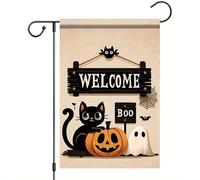 Bandiera Halloween Cat Black Cute Cat Pumpkin Ghost Bandiere Da Giardino Durevole Decorative Striscioni Di Bunting Per Celebrazione Esterno Balcone 70X102Cm
