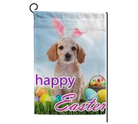 Bandiera Happy Easter Cute Dog with Bunny Ears Headband con Occhielli Bandiere da giardino Durevole Bandierine della Decorazione per Interno Conferenza 30x45cm