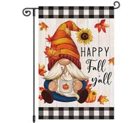 Bandiera Happy Fall Y'All Flower Gnome Welcome Plaid Maple Pumpkin Autumn 30X45Cm Bandiera Da Giardino Con Occhielli Appendere Striscione Per Dormitorio Casa Celebrazione