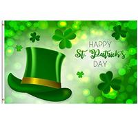 Bandiera Happy St Patrick'S Day Hat And Green Shamrock Leaves Spring Bandiera Pirata Prova Di Sbiadimento Rinforzata Striscione All'Aperto, Per Giardino, Balcone, All'Aperto Al Coperto, 90x150cm