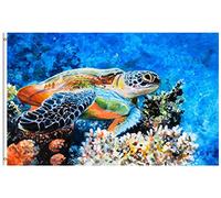 Bandiera Hawk-Beak Sea Turtle Swims Among The Corrals Coastal Tropical Summer Bandiera Di Benvenuto 2 Occhielli Metallici Striscione All'Aperto, Per Feste Estive, Eventi, 90x150cm