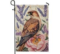 Bandiera Hawk Flower Vibrant Brown Bird And Blooming Peonies Bandiera Di Benvenuto Tessuto Da Esterno Striscione All'Aperto, Per Giardino, Eventi, Celebrazioni, 30x45cm