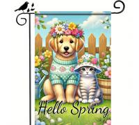 Bandiera Hello Spring Cute Dog And Cat 30X45Cm Bandiera Da Giardino Moda Stagionali Striscione Per Camera Da Letto Spiaggia Estiva