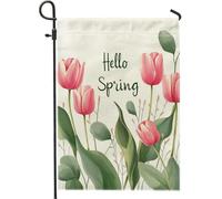 Bandiera Hello Spring Flower Peach Tulips and Green Leaves Resistente alle Intemperie Bandiere da giardino Doppia Cucitura Bandierine per Decorazione Esterno 30x45cm