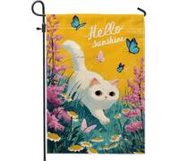Bandiera Hello Sunshine Cat Yellow Flower Butterfly Stagione Bandiera Colori Vivaci Striscione All'Aperto, Per Balcone, Feste Strada, Giardino, 30x45cm