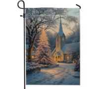 Bandiera invernale da giardino, con albero di Natale blu, scena per chiesa, striscione decorativo per la casa, bandiera su entrambi i lati, in iuta, decorazione per esterni, 30,5 x 45,7 cm