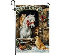 Bandiera invernale da giardino con animali, cavallo bianco con gatto e cane, bandiera per prato in iuta su entrambi i lati, decorazione natalizia per esterni, 30,5 x 45,7 cm