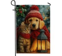 Bandiera invernale da giardino con animali domestici, lanterna rossa per gattini e gattini, decorazione per la casa, in iuta su entrambi i lati, decorazione per esterni, per feste di festa, 30,5 x