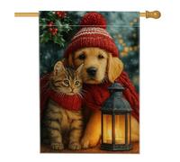 Bandiera invernale da giardino con animali domestici, lanterna rossa per gattini e gattini, decorazione per la casa, in iuta su entrambi i lati, decorazione per prato all'aperto per feste di vacanza