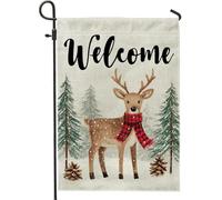 Bandiera invernale da giardino con cervi di benvenuto, decorazione rustica per esterni beige con alberi di pino, bandiera da cortile in iuta su entrambi i lati, per decorazione del prato delle vacanze