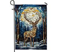 Bandiera invernale da giardino con cervo in vetro colorato, con corna di mosaico blu, decorazione per cortile, double face, in iuta, per vacanze, esterni, 30,5 x 45,7 cm