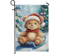Bandiera invernale da giardino con orsetto di Natale, grazioso orsacchiotto marrone con cappello di Babbo Natale, decorazione per esterni, bandiera da prato in iuta su entrambi i lati, per feste di
