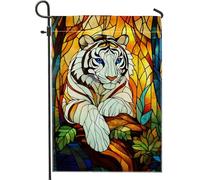 Bandiera invernale da giardino con tigre bianca, bandiera decorativa per la casa con tigre maestosa, stile vetro colorato su entrambi i lati, decorazione per esterni, decorazione per feste stagionali
