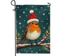 Bandiera invernale da giardino con uccellini, pettirosso con cappello di Babbo Natale, decorazione per esterni, striscione su entrambi i lati in iuta per decorazione natalizia 30,5 x 45,7 cm