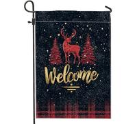 Bandiera invernale da giardino di benvenuto, cervi rossi e pini, decorazione per esterni, striscione in iuta su entrambi i lati per la decorazione del prato delle vacanze, 30,5 x 45,7 cm