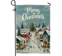 Bandiera invernale da giardino di Natale, scena blu innevata con albero di Natale, striscione in iuta su entrambi i lati per decorazioni esterne per vacanze 30,5 x 45,7 cm