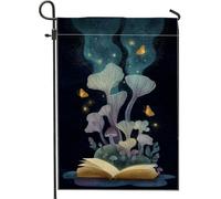 Bandiera magica da giardino, blu scuro con funghi incantati e farfalle, decorazione per esterni, striscione in iuta su entrambi i lati per autunno Halloween decorazione prato 30,5 x 45,7 cm