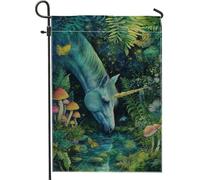 Bandiera magica da giardino con cavalli magici, striscione decorativo con creature mitiche verdi, bandiera su entrambi i lati in iuta per cortile per primavera estate decorazione per prato all'aperto