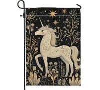 Bandiera magica da giardino con cavallo magico, bandiera decorativa per la casa con notte stellata nera, bandiera da cortile su entrambi i lati, per decorazione autunnale all'aperto, stile fiaba