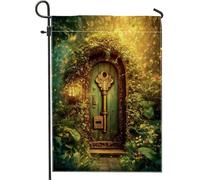 Bandiera magica da giardino, decorazione per esterni con porta incantata verde, striscione in iuta su entrambi i lati per la primavera e l'estate, decorazione per la casa, fantasiosa bandiera per