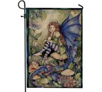 Bandiera magica da giardino delle fate, motivo drago blu e fiore, decorazione per la casa, doppio lato, decorazione per prato all'aperto 30,5 x 45,7 cm