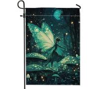 Bandiera magica da giardino fatato, farfalla incantata blu verde acqua decorazione esterna double face in tela di iuta paesaggio fungo fantasia 30,5 x 45,7 cm
