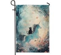 Bandiera magica del giardino di cavallo magico, decorazione del gatto della creatura mitica blu acquamarina, motivo floreale stagionale all'aperto bandiera del patio su due lati per la decorazione