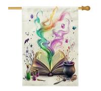 Bandiera magica della casa del libro della strega di Halloween, 71 x 101 cm, su entrambi i lati, per la decorazione esterna, motivo fantasia, pozione strega fantasia, bandiera per la casa in tela