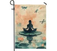 Bandiera meditativa da giardino con ninfee, con silhouette yoga blu acqua, decorazione per la casa, in iuta su entrambi i lati, decorazione per il prato all'aperto, stile tranquillo stile zen della