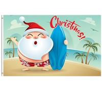 Bandiera Merry Christmas Tropical Santa Claus Surfing On The Beach Bandiera Della Brezza Tessuto Da Esterno Striscione All'Aperto, Per Eventi, Feste Strada, Balcone, 90x150cm