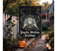 Bandiera mistica con sfera di cristallo a tema psichico, per Halloween | Tema occulto gotico, bandiera del prato, grafica delle fasi lunari, decorazione per la casa strega, mistica predizione della