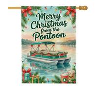 Bandiera natalizia con pontone e barca, citazione per casa, 71 x 101 cm | tema nautico, bandiera del cortile, ghirlanda di pino, luci della stringa, scatole regalo, paesaggio sul lago