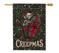 Bandiera natalizia con scheletro di creepmas, 71 x 101 cm | Decorazione gotica per le vacanze, bandiera del cortile, tema invernale spettrale, illustrazione della bara