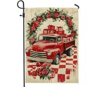 Bandiera natalizia da giardino, camion vintage rosso con rose e regali, bandiere decorative da cortile, decorazione per prato esterno in iuta su entrambi i lati, 30,5 x 45,7 cm