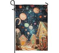 Bandiera natalizia da giardino Candyland, case di pan di zenzero colorate, decorazione per le vacanze, tela da imballaggio su entrambi i lati, per esterni, decorazioni per la casa del paese delle