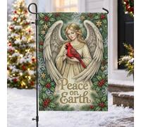 Bandiera natalizia da giardino con angelo e cardinale, 30,5 x 45,7 cm | Uccello cardinale rosso, bandiera da cortile, bacche di agrifoglio, stelle dorate, fogliame invernale, messaggio stagionale