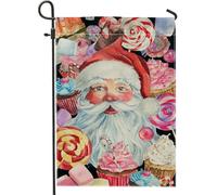 Bandiera natalizia da giardino con Babbo Natale, decorazione natalizia rossa con dolci e dolcetti, striscione in iuta su entrambi i lati per decorazione esterna del prato 30,5 x 45,7 cm