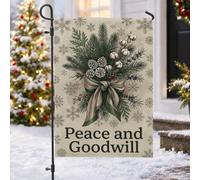 Bandiera natalizia da giardino con bouquet di pini e pace e buona volontà | pigne, bandiera del cortile, batuffoli di cotone, nastro, motivo fiocco di neve, tema invernale, decorazione per cortile