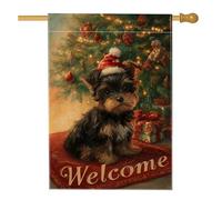Bandiera natalizia da giardino con cane di benvenuto, simpatico cucciolo con cappello di Babbo Natale, decorazione per le vacanze, striscione in iuta su entrambi i lati, per decorazione esterna del