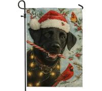 Bandiera natalizia da giardino con cane nero, decorazione per le vacanze con cappello di Babbo Natale e cardinale, striscione in iuta su entrambi i lati per decorazione esterna del prato 30,5 x 45,7