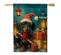 Bandiera natalizia da giardino con cane nero, simpatico bassotto con cappello di Babbo Natale e lanterne, decorazione per esterni, striscione per vacanze in iuta su entrambi i lati, per decorazione