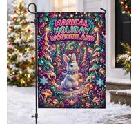 Bandiera natalizia da giardino con coniglio, 30,5 x 45,7 cm | Foresta fantasiosa, bandiera del prato, lanterna luminosa, paese delle meraviglie invernale, colori vivaci al neon