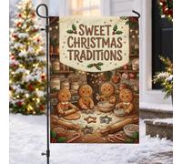 Bandiera natalizia da giardino con dolci pan di zenzero Traditions da uomo | Scena rustica della cucina, bandiera del cortile, accenti di foglie di agrifoglio, tema di cottura, illustrazione fantasiosa