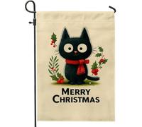 Bandiera natalizia da giardino con gatto fantasioso, decorazione per le vacanze con bacche di agrifoglio, striscione in iuta su entrambi i lati per decorazione esterna del prato 30,5 x 45,7 cm