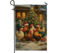 Bandiera natalizia da giardino, polli colorati con cappelli di Babbo Natale, decorazione per esterni, striscione in iuta su entrambi i lati per la decorazione invernale del prato 30,5 x 45,7 cm