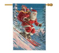 Bandiera natalizia invernale da giardino con Babbo Natale che scia, striscione rosso per le vacanze, decorazione per prato su entrambi i lati, per feste all'aperto, 71 x 101 cm