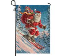 Bandiera natalizia invernale da giardino con Babbo Natale che scia, striscione rosso per le vacanze, decorazione per prato su entrambi i lati, per feste all'aperto, 30,5 x 45,7 cm