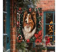 Bandiera natalizia per cani da pastore delle Shetland, 71 x 101 cm, double-face, decorativa per esterni, per Natale, caramelle, poinsettia, cuccioli, bandierine per la casa, per le vacanze e gli