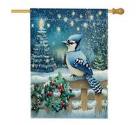 Bandiera natalizia per casa degli uccelli con ghiandaia blu, 71 x 101 cm, per esterni, novità foresta innevata, bandiera verticale standard per la casa, decorazione natalizia per esterni
